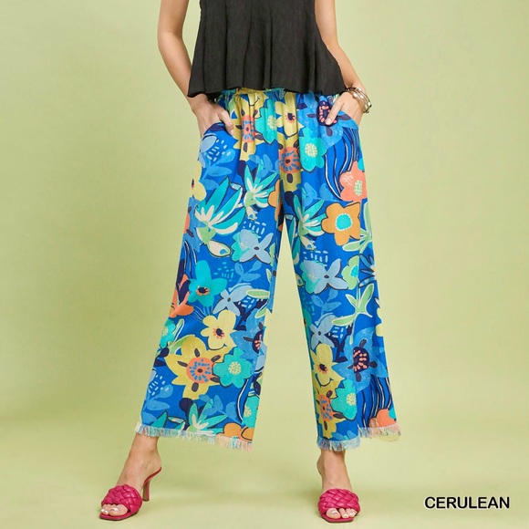 👀 ♥️ Umgee Floral Print Boho Wide Leg Linen Blend Pants - Cerulean - Picture 6 of 8